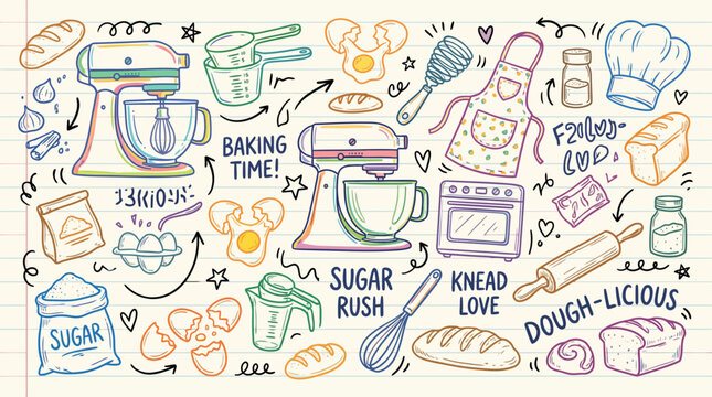 colorful baking illustration with mixer and utensils