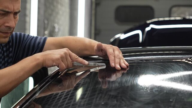 Professional auto detailer cutting film with a sharp knife on a car rear window glass in a vehicle service station workshop, window tint installation process. Male worker install dark window tinting. 