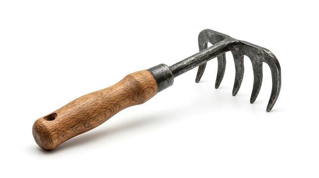 Old handheld garden rake with wooden handle on white background
