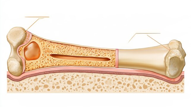Vector illustration scheme of bone cross section. Diagram with articular cartilage, marrow, spongy bone, medullary cavity, endosteum, diaphysis, and periosteum. Explaned distal and proximal epiphysis.