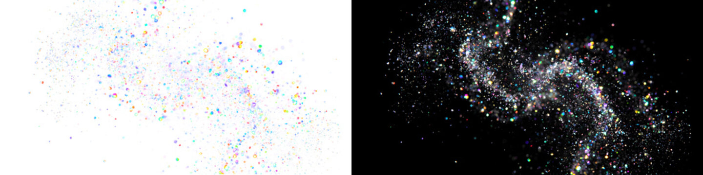 Iridescent Holographic Glitter Swirl and Stardust Particles on Split Black and White Background
