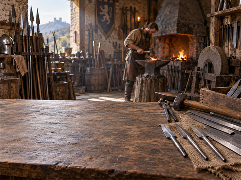 Traditional blacksmith working at a glowing forge in a stone workshop filled with swords and polearms while a broad wooden workbench and metal tools provide foreground detail and generous copy space