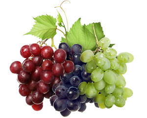 Fototapeta premium Bunches of red, green and black grapes isolated on white