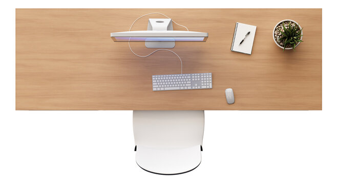A desktop setup with a monitor, keyboard, mouse, notepad, and plant on a wooden desk. The layout is simple and clear, arranged neatly for work