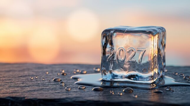 A melting ice cube with the year 2027 engraved on it, resting on a dark stone surface at sunset with soft bokeh lighting