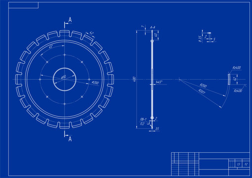 Assembly drawing of milling cutter, diamond saw, toothed cutting disc. Vector design of steel mechanical device with dimension lines. Engineering technic computer cad scheme on paper sheet. 