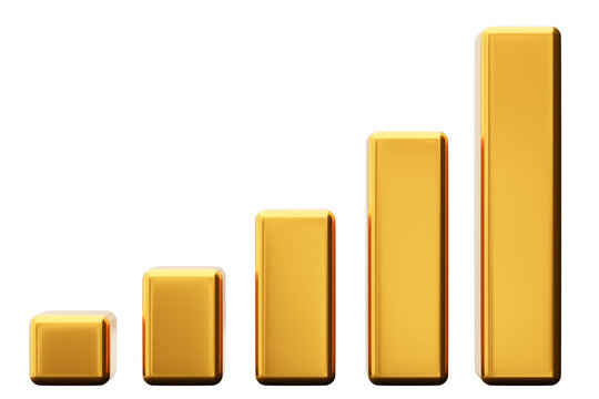 A golden chart displays five bars arranged in increasing order on a clear background. The 3D render shows a visual increase in values, highlighting
