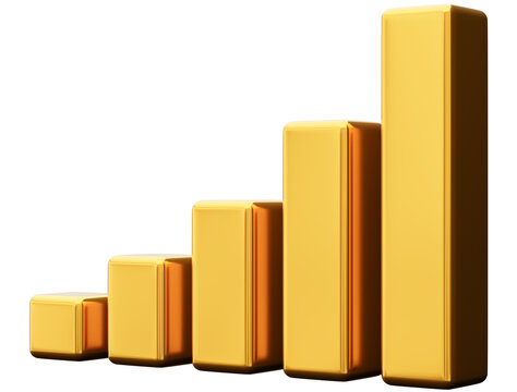 Gold colored blocks arranged in ascending order on a clear background represent a chart demonstrating an upward trend. This 3D render highlights