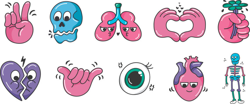 Human body glossy cartoon set