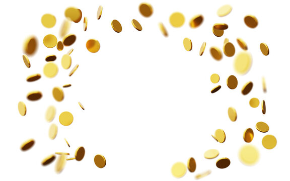 Many golden coins are falling to form a frame. This 3D render shows the coins in motion. The background is clear and bright, highlighting the coins