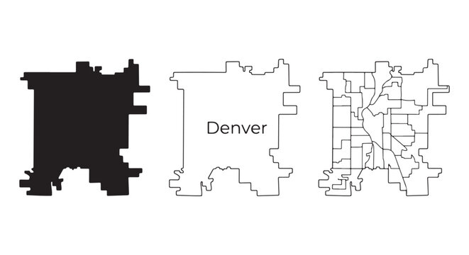 Denver Colorado Map Icons Set, Solid Silhouette, Outline and Detailed Street Map Vector Illustration for Travel, Navigation and Geographic Design