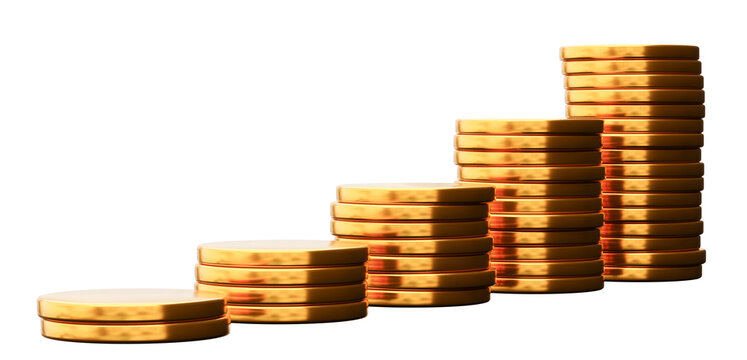Golden coins are arranged in a growing stack on a clear background. Each coin shines brightly in this 3D cut-out design. The focus is on the