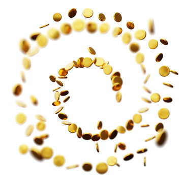 Gold coins are arranged to form a spiral shape. The coins are cut out and create a 3D appearance. The background is clear, focusing attention on the