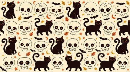 Obraz premium Halloween Seamless Pattern with Cute Black Cats and Skulls
