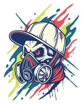 Skull wearing a gas mask and a baseball cap against a colorful abstract paint splatter background.