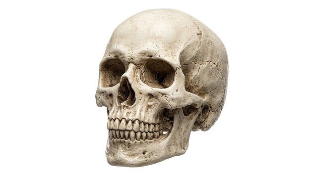 Realistic human skull on white background showing anatomical details