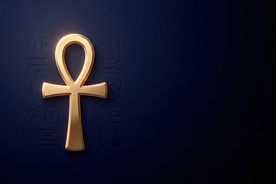 Golden ankh symbol on dark lapis blue background with copy space
