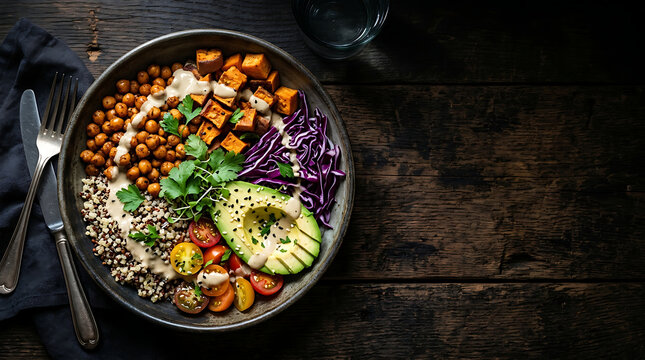 Salad bowl with avocado, chickpeas, sweet potatoes, and wild rice is served on a dark wooden background with copy space.
