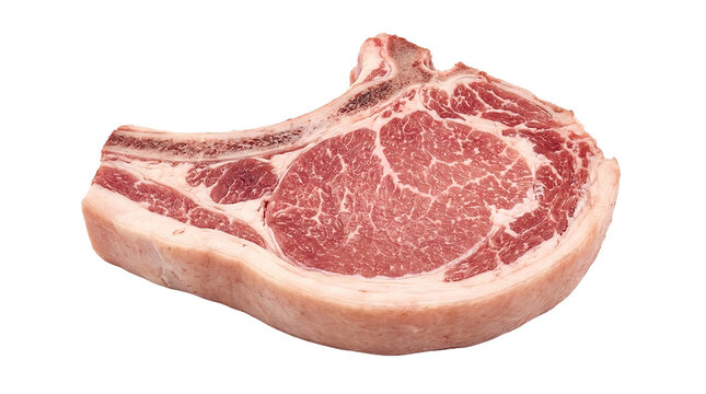 Raw ribeye steak with marbling and bone on white background