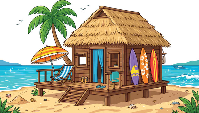 Tropical Beach Bungalow Vector Illustration with Thatch Roof Surfboards Lounge Chair and Palm Tree for Summer Vacation Island Travel Background Designs