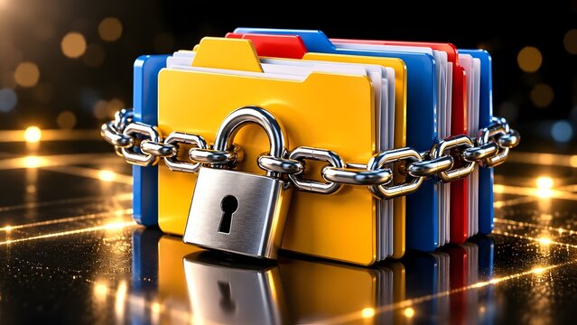 Confidential data security concept featuring colorful document folders wrapped in steel chains with heavy padlock for privacy protection