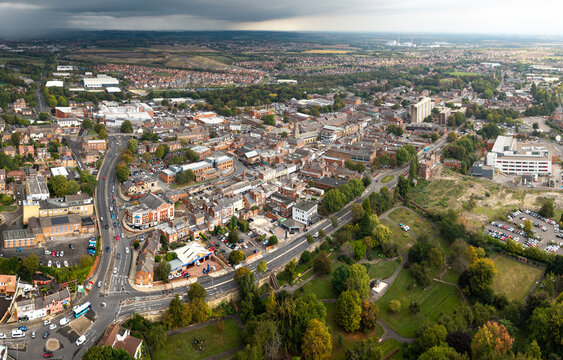 Aerial view above Pontefract townscape skyline in West Yorkshire, UK