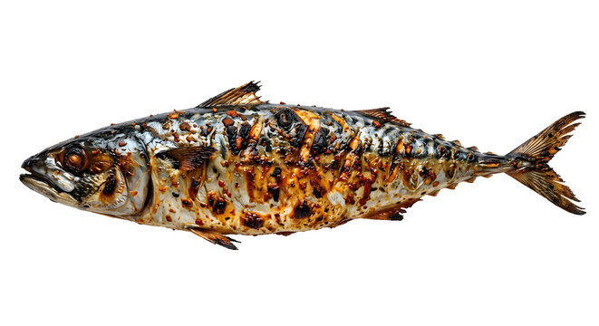Cameroonian whole grilled mackerel with intact streamlined fish shape Isolated on White Background