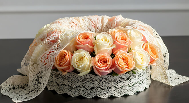 A circular arrangement of white and peach roses wrapped in delicate white lace fabric