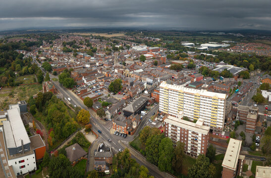 Aerial view above Pontefract townscape skyline in West Yorkshire, UK