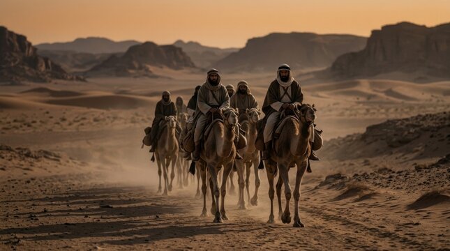 Historic Hijrah route: Medina migration, arabian caravan, islamic pilgrimage, believer journey, prophetic escape, arid path, camel ride, ancient exodus, nomadic travel, spiritual transition.