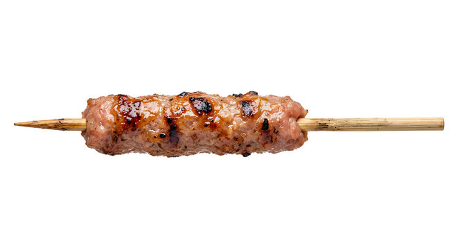 Vietnamese nem nuong grilled pork sausage on one bamboo skewer, elonga Isolated on White Background