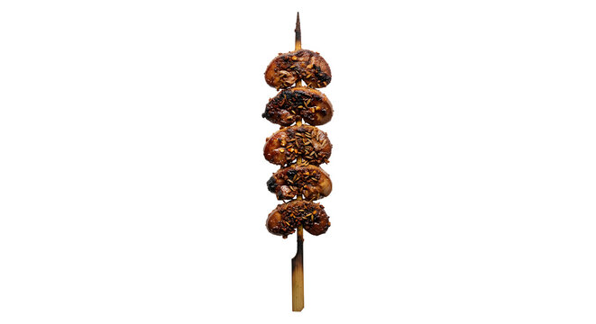Chinese cumin lamb kidney skewer with several halved kidney lobes thre Isolated on White Background