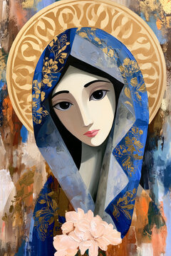 Immaculate Conception of the Virgin Mary in Blue and Gold Religious Art. religious artwork depicting the Virgin Mary with a blue and gold floral veil, luminous halo. Christian sacred art. Christian pu
