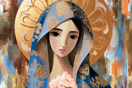 Immaculate Conception of the Virgin Mary in Blue and Gold Religious Art. religious artwork depicting the Virgin Mary with a blue and gold floral veil, luminous halo. Christian sacred art. Christian pu