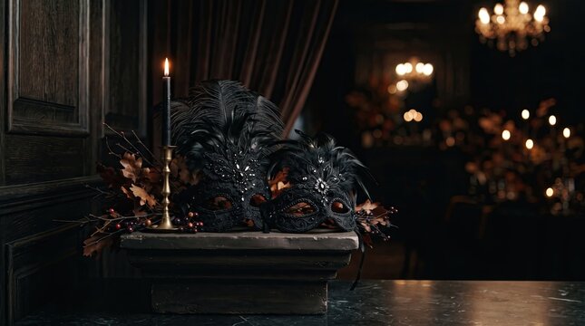 Two elegant black masquerade masks with feathers and candle