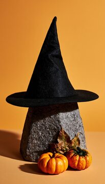 Matte black witch hat on stone pedestal with mini pumpkins and dry leaf against orange backdrop