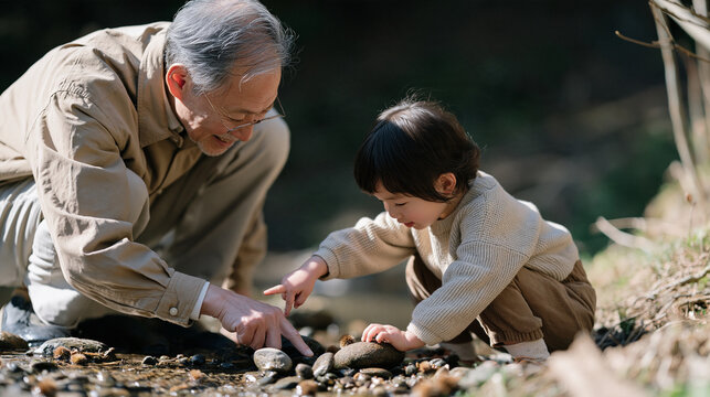 Elderly Japanese grandfather and small granddaughter crouched beside trickling forest stream, pointing at smooth river stones together, intergenerational bonding, nature