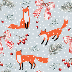 Fototapeta premium Christmas seamless pattern, red fox animals, pine twigs, berries, bows, snow, gray background. Vector illustration. Nature design. Season greeting. Winter Xmas holidays