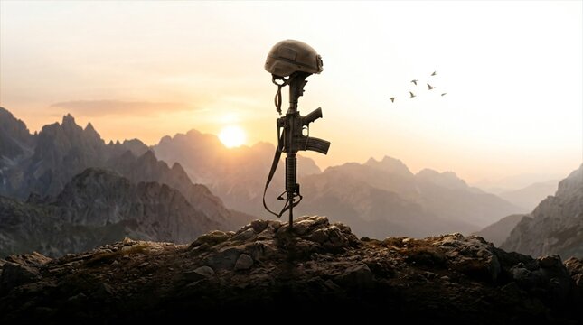 Soldier memorial photo with rifle and helmet on a mountain peak during sunset landscape