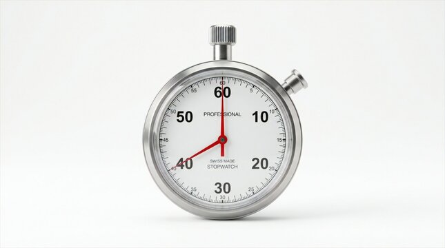 Stopwatch 3D render, silver metallic timer clock with red hands isolated on clean white background