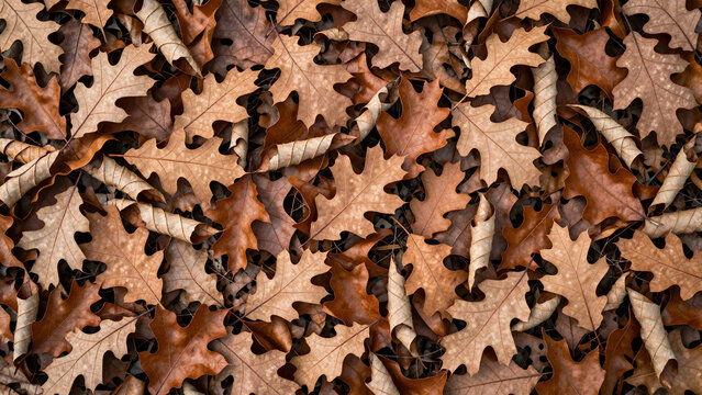 Dry curled brown and tan oak leaves on the ground, top view