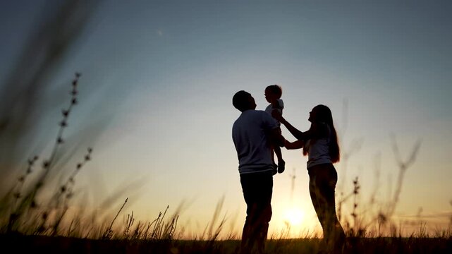 family standing on field. happy childhood concept for little child. big happy family stands on field, parents raised the child lifestyle in their arms, sunset on the background, silhouettes