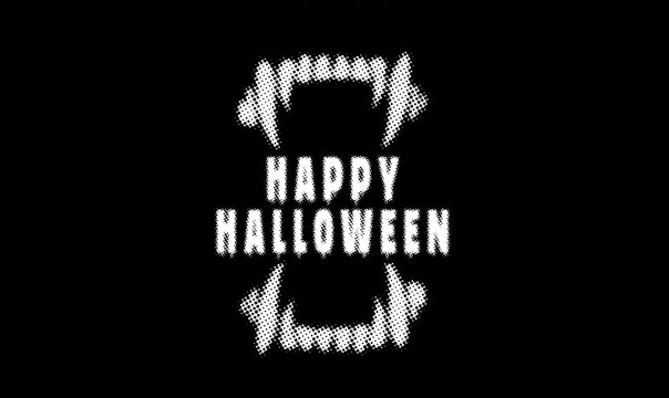 Happy Halloween background, lettering with fangs on a halftone texture