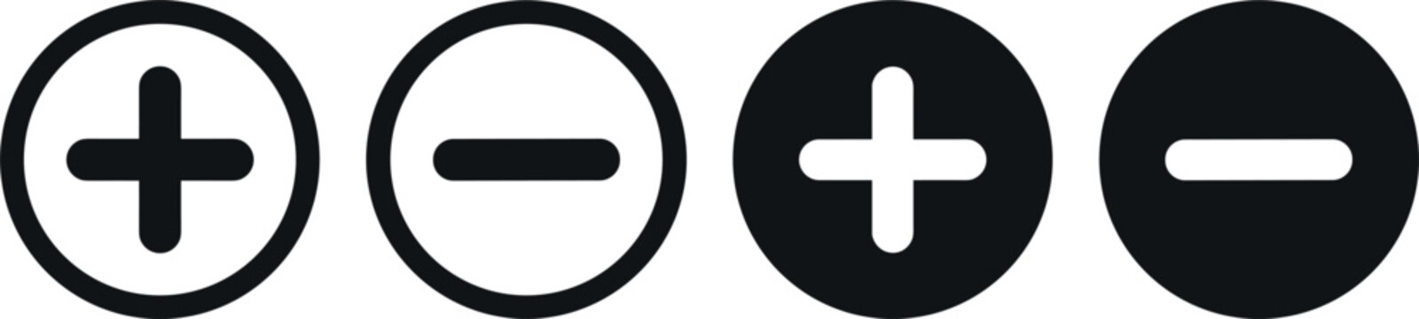 Plus and Minus Math Symbol Circle Icon Set for Addition Subtraction Calculator Tools Digital Zoom Controls and Interface Positive Negative Layouts