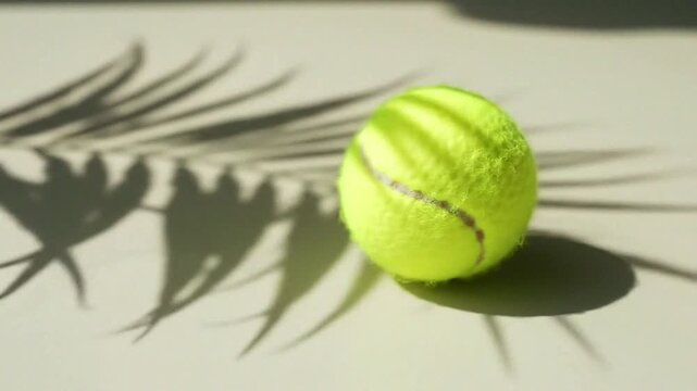 Vivid tennis ball with palm leaf shadows on a sunlit light surface for a fresh, modern composition