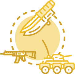 Fototapeta premium Military forces deploying resources and weapons, including a helicopter, missile, and projectiles, illustrating strategic planning and combat readiness concepts