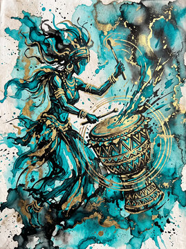 Colorful Spirit Dancer Playing Drum in Abstract Artwork
