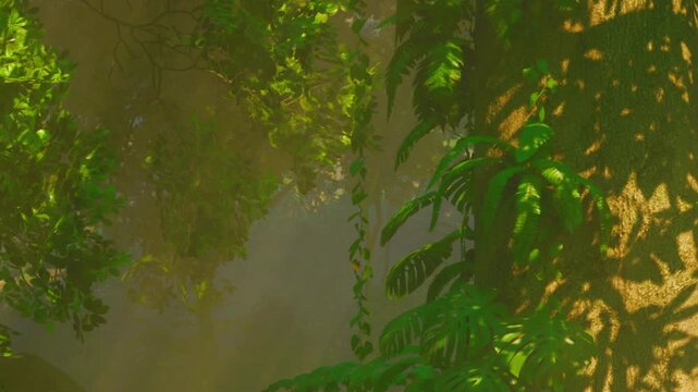 Sunlight filters through thick greenery in a tranquil forest setting. Ferns drape gracefully over the bark of a grand tree, illuminating the peaceful atmosphere.