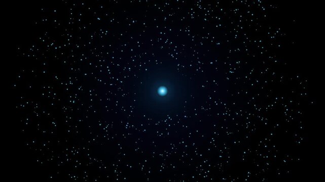 Blue energy particles spiral outwards from a central point in dark void evolving abstract motion