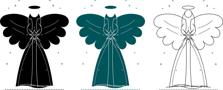 Monoline Christmas angel vector set with halo and star symbol